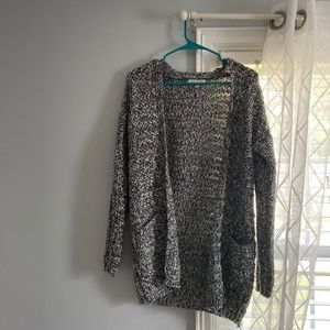 Grey, white, and black knit cardigan. Brand: Woven Heart